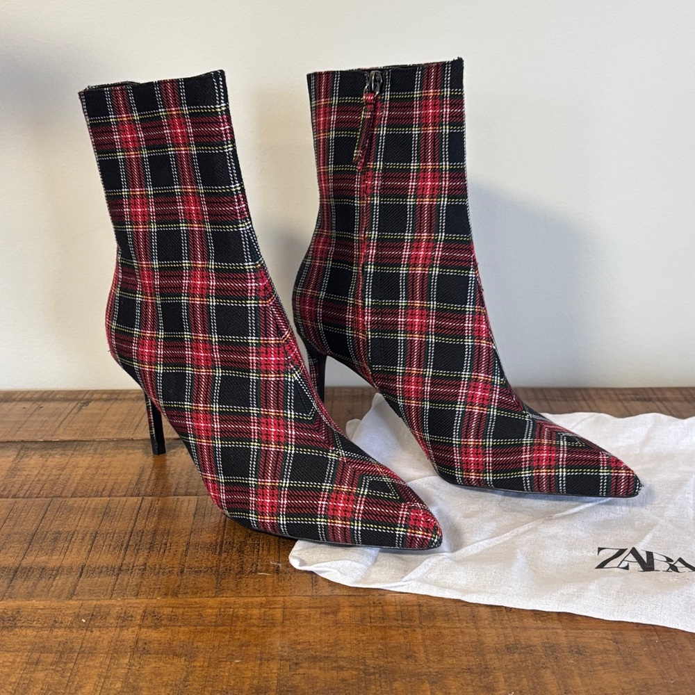 Zara Women's Plaid Heeled Boots in Red and Black